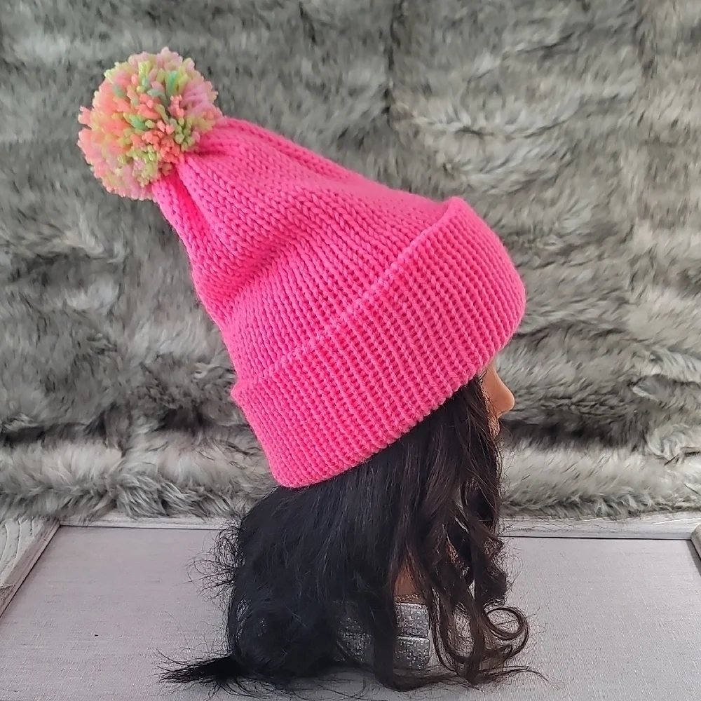 Handmade Pink Knit Beanie with Multicolor Pom-Pom